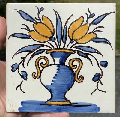 Vintage Faience Blue & Yellow Glazed Tile Spanish / Italian Ceramic Pottery