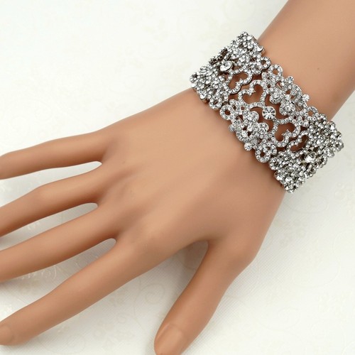 Brazalete elástico brazalete boda nupcial cristal transparente tono plata para mujer 0001 - Imagen 2 de 5
