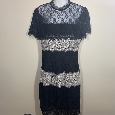 Everleigh Womens Short Sleeve Hi Neck Lace Long Dress Sz L Blue Black  White | eBay