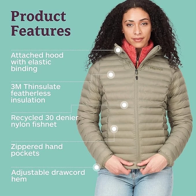 Womens L Large Marmot Echo Featherless Jacket -Recycled Material Insulated Hoody - Image 2 of 4