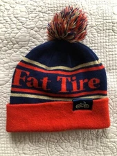 Fat Tire Beer Knit Beanie Hat Cap Adult with Pom Bicycle Logo Blue Orange Yellow