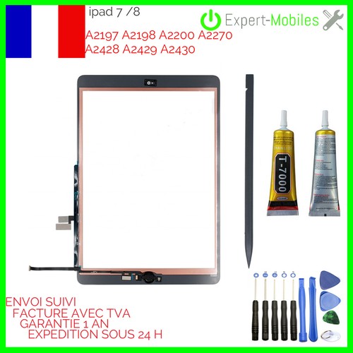 Vitre écran tactile iPad 7 8 + BOUTON HOME MODELE A2197 A2198 A2200 + ADHESIF - Photo 3 sur 4