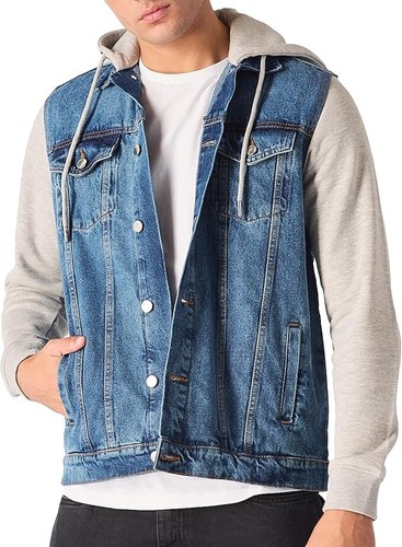JMOJO Mens Denim Hooded Jacket Warm Trucker Durable Hoodie Winter Sleeves Coat - Picture 28 of 33