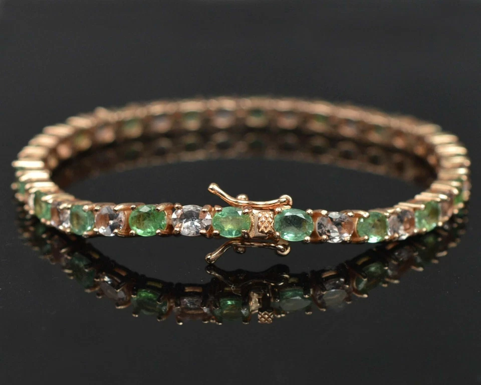 Brazalete nupcial tenis de plata de ley 925 con piedras preciosas de morganita natural y esmeralda Foto 3 de 4