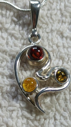 AMBER ABSTRACT HEART MULTI COLOR STERLING SILVER PENDANT NECKLACE 17" 7.7g - Picture 2 of 7