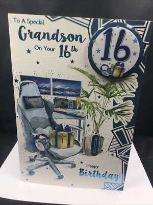 BGC 16TH GRANDSON BIRTHDAY CARD WITH BADGE VERSE 9" X 6" LARGE AGE 16 SIXTEEN