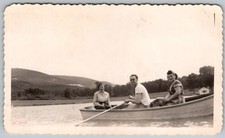 Vtg B&W Snapshot People Rowing Wooden Boat On Lake Mountains July 1949