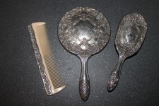 Antique Sterling Silver Plated 3 Piece Set - Mirror, Brush, & Comb