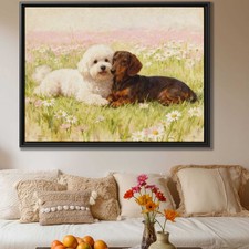 Floral Dog Art Oil Painting Bichon Frise Canvas Print Dachshund Wall Decor