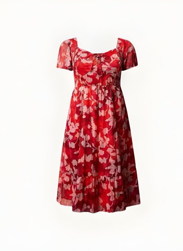 Torrid Floral Clip Dot Lace Up Smocked Midi Dress Short Sleeve Peasant Size 0 - Picture 4 of 7