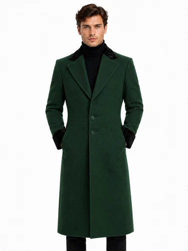Mens Jeff Inspired Green Wool Long Goldblum Coat with Velvet Cuffs & Collar - product listing photo