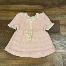 VTG Hand-Knitted Pink  White Baby Dress Short Sleeve Girls 12-18 mo Bow Buttons