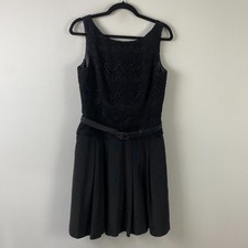 White House Black Market Little Black Dress Lace Overlay Belted Size 10 Pockets