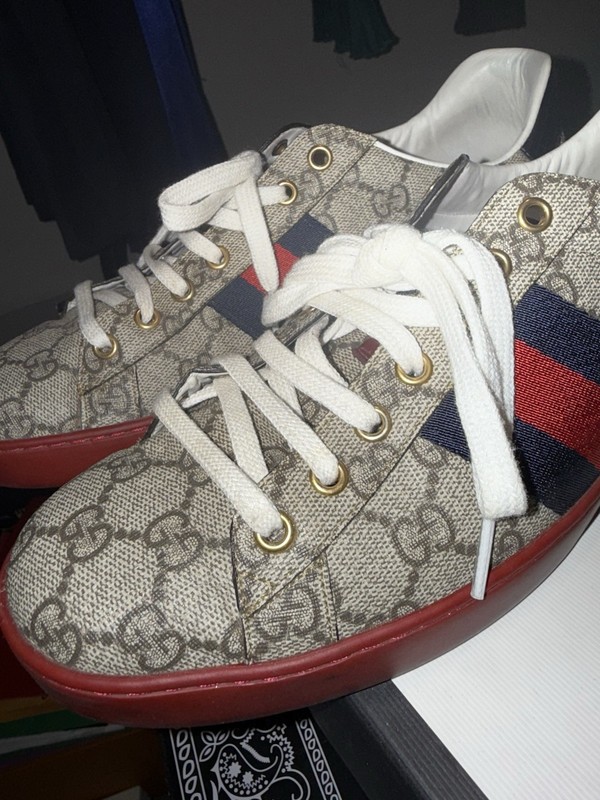 Gucci GG Pattern Web Stripe Lace-Up Sneakers Leather Beige/Red/Blue US 10.5