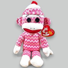 Ty Beanie Babies Socks the Sock Monkey Beanbag Plush Toy Pink Chevron w/ Tags 9"