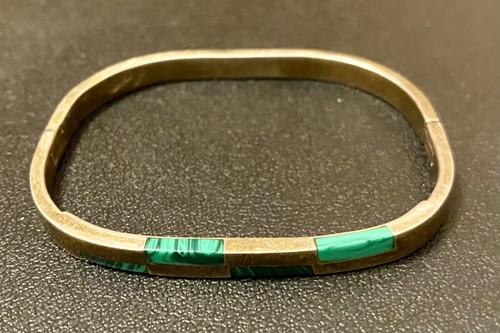 Vintage Hinged Mexico Silver 925 Malachite Inlay Bangle Bracelet Cuff - Picture 9 of 12