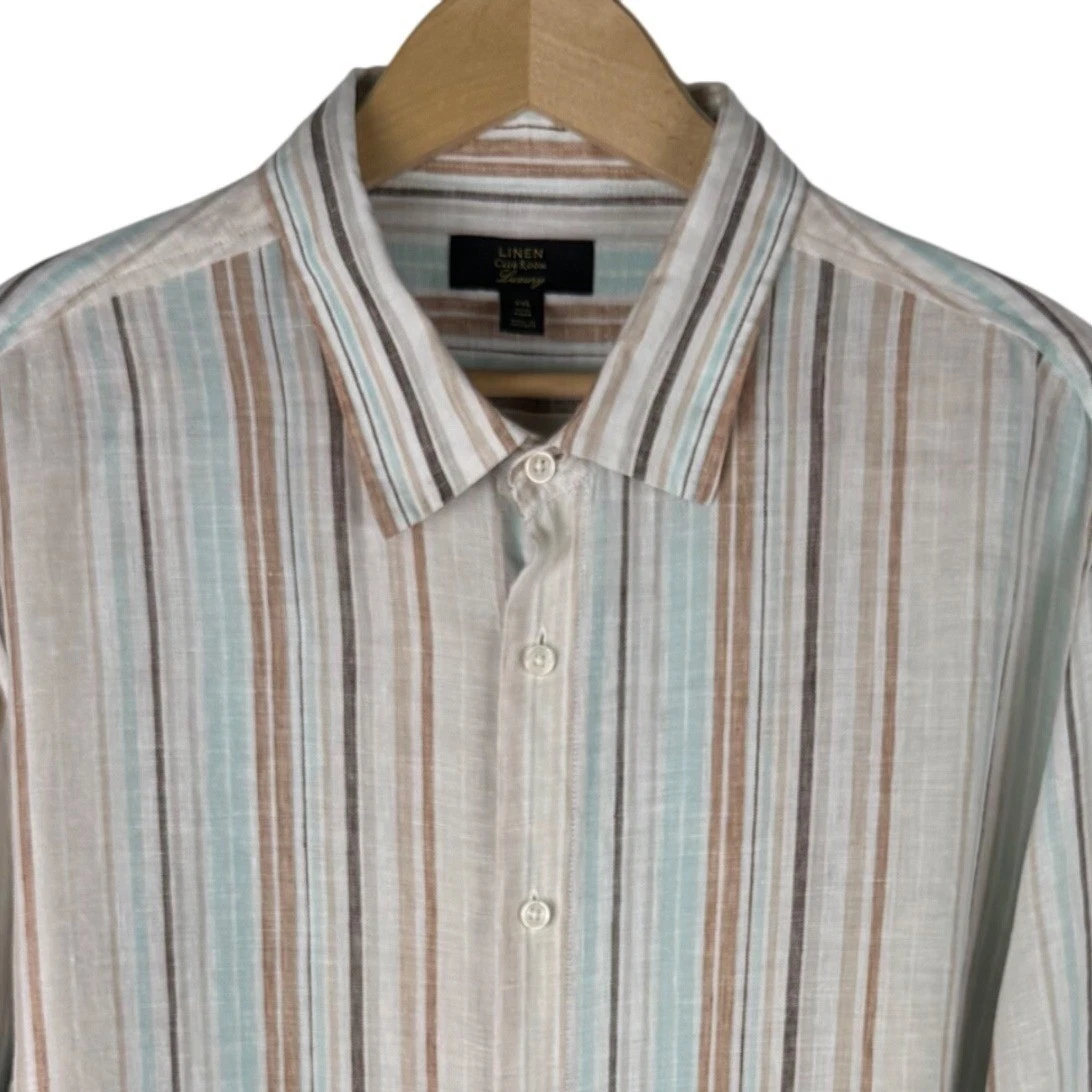 Club Room Luxury Mens XXL 100% Linen Striped Long Sleeve Button Down Shirt White