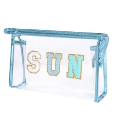 Clear Preppy Patch Makeup Bag, Sun Chenille Letter Bag for Beach, Pouch Blue