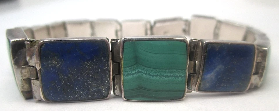 Vintage Lapis and Malachite Sterling Silver Graduated Bracelet - Image 3 of 4