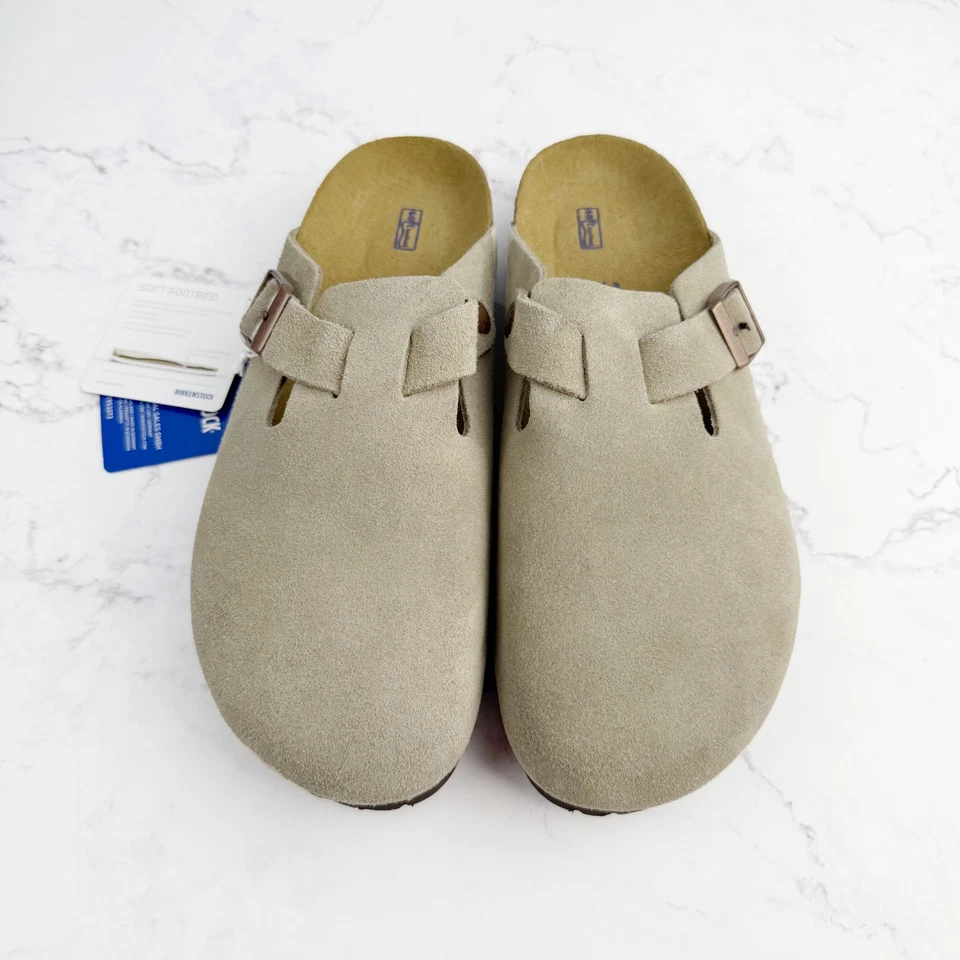 Birkenstock Boston Suede Leather Taupe Soft Footbed Clog Women and Men Shoes - Image 3 of 4