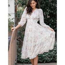 Baltic Born Raven Midi Dress Floral Tiered XL Cream Long Sleeve Wedding Guest
