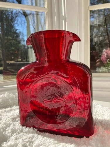 Vintage BLENKO #384 Hand Blown Ruby Red Double Spouted Glass Pitcher Bottle 8"