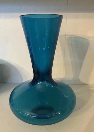 Blenko Turquoise Glass Hand blown Vase. 8 In. Base 5 1/2 In