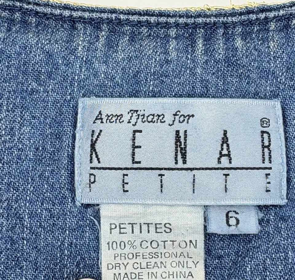 Ann Tjian for Kenar Denim Jean Dress Gold Trim Size 6 Button Up 100% Cotton - Image 3 of 4