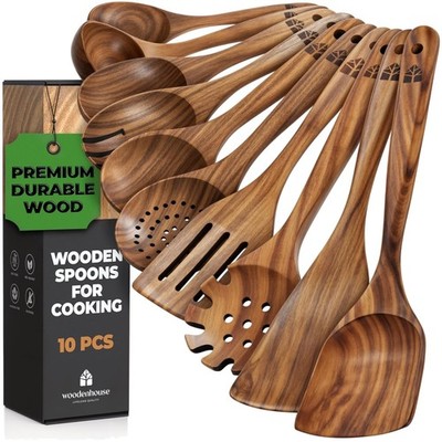 Heat Resistant Teak Wood Utensils - 10 Pc Cooking Set^