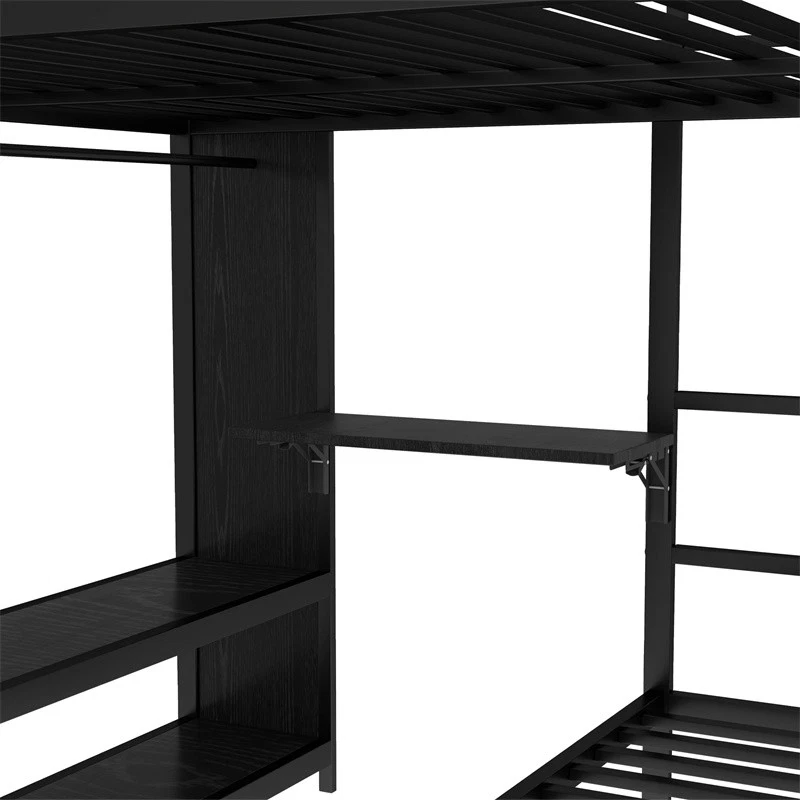 Queen Over Twin Metal Bunk Bed with Built-in Wardrobe/Trundle Bed/Foldable Desk - Image 4 of 4