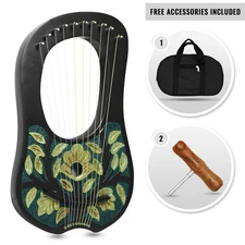 Green & Black Floral Engraved 10-String Lyre Harp with Bag and Tuning Key