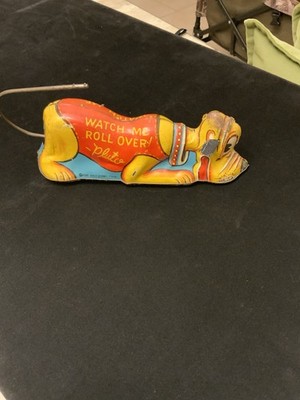 Vintage 1939 Marx Tin  Litho Wind Up Disney s Pluto Watch Me Roll Over Toy