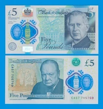 UK Great Britain 5 Pounds, New 2024 P 398 Polymer UNC King Charles England