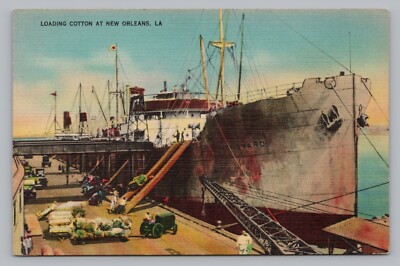 Loading Cotton At New Orleans Shipping Dock, Cargo Ship & Tractors, Postcard P26