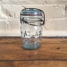 Antique Atlas E-Z Seal Quart Jar Blue 9-A Glass Wire Bail Bubbles & Waves