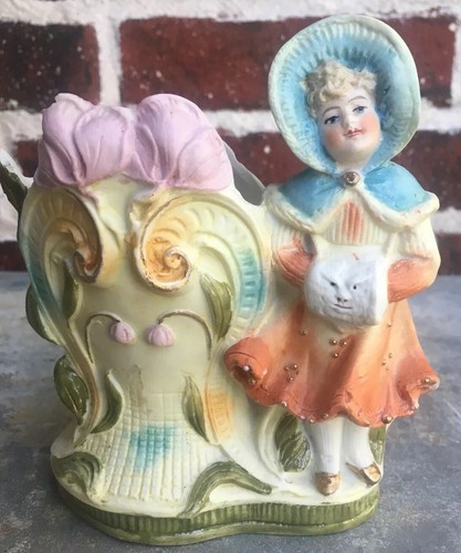 Ungewöhnliche antike 11100 DEP Mädchen mit Muff mit Gesicht Biskuit Figur Vase - Bild 1 von 11
