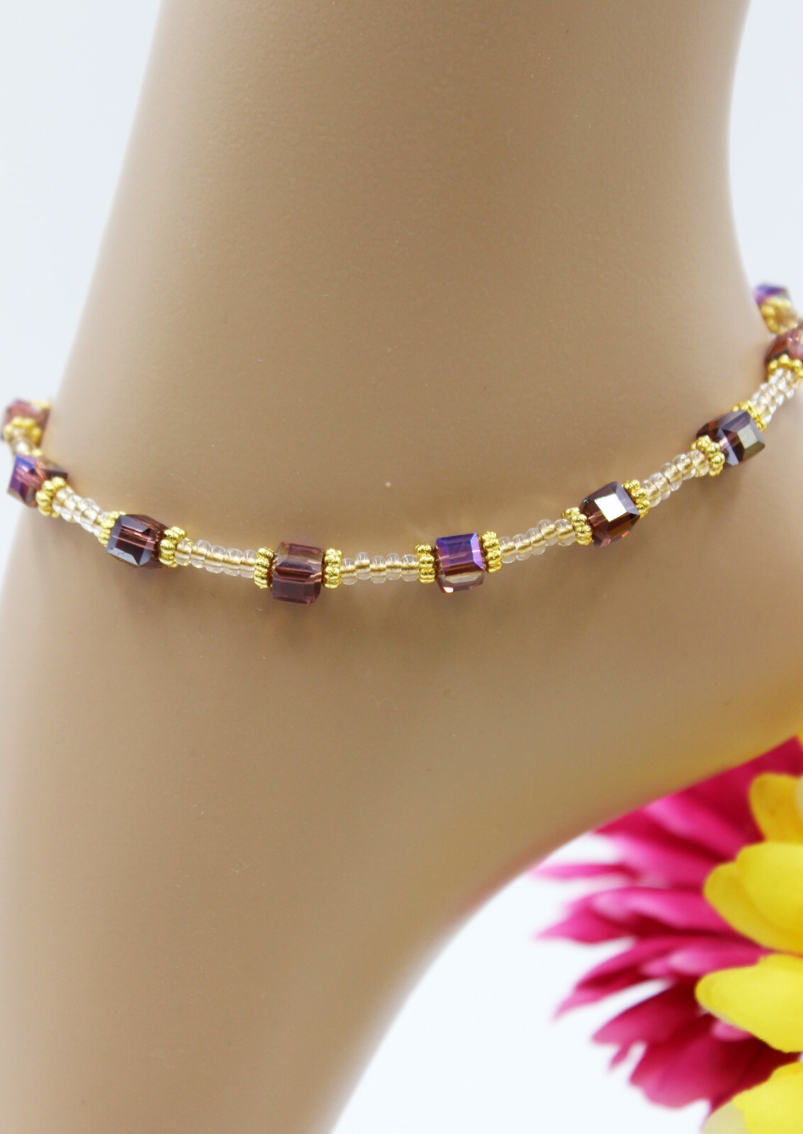 Ankle Bracelet Cube Beads Purple Hippie Elegant Gold Size S #KA075