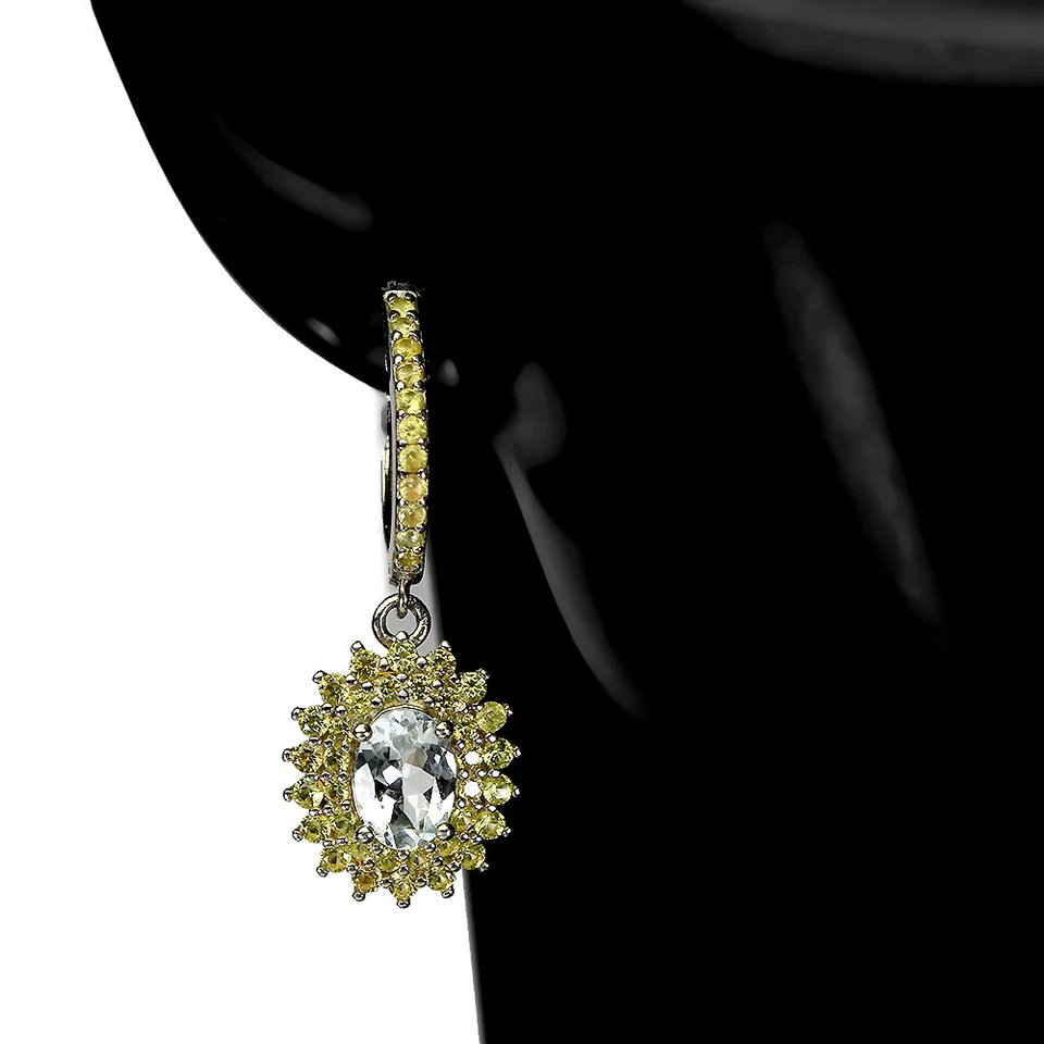 925 Argento Sterling Ovale Acquamarina 7x5mm Zaffiro Taglio Diamante Orecchini - Immagine 2 di 4