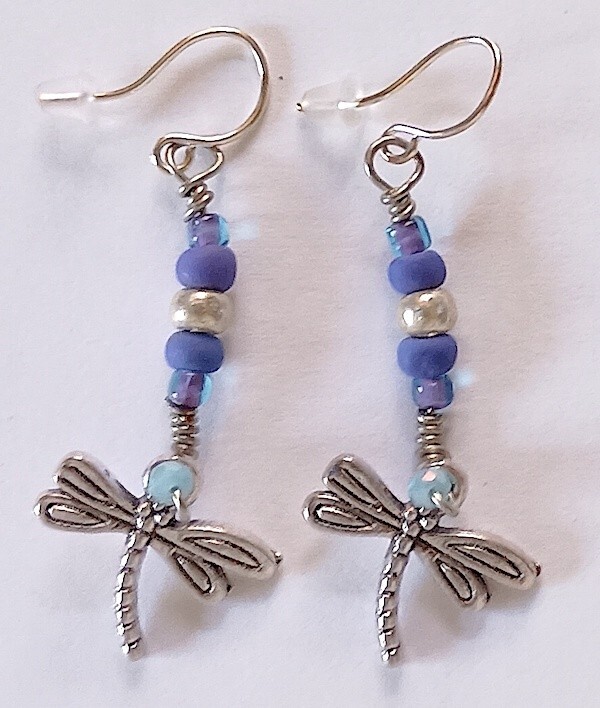 Earrings - Dragonflies, Pewter, 1.75 Inches Long, Accent Beads