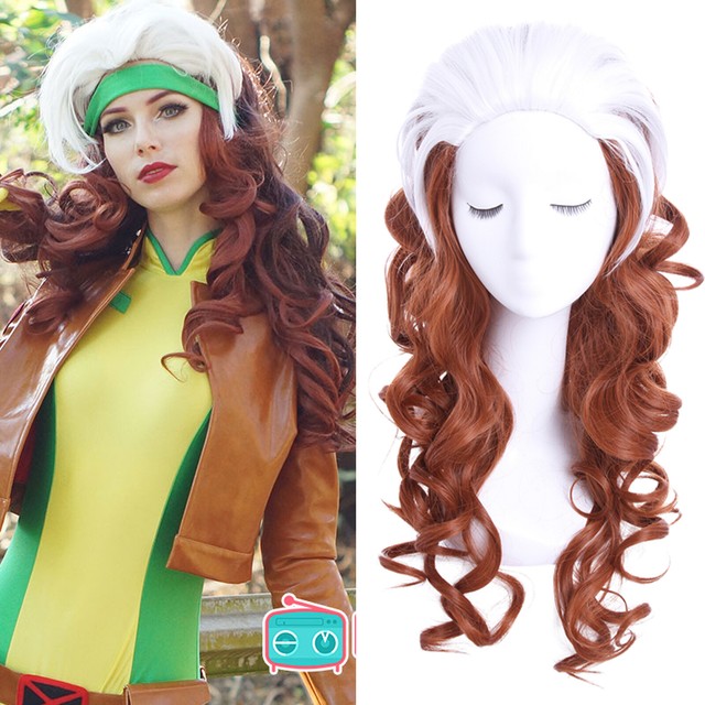X Men Rogue Cosplay Wig Costume Prop Long Curly Hair Replica