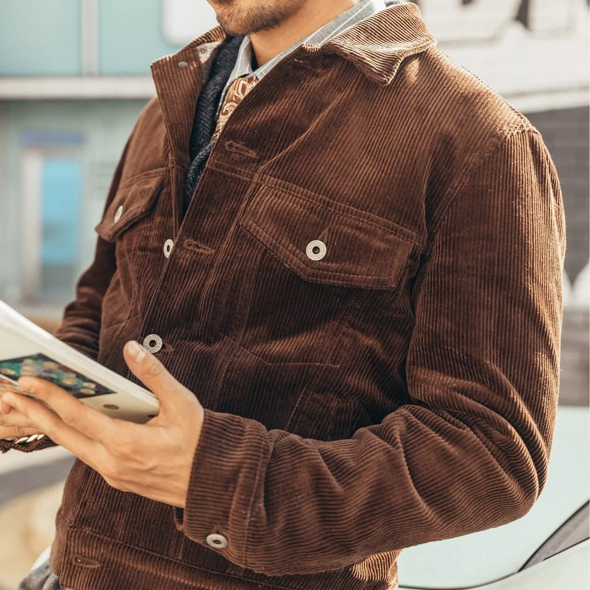 Red Tornado Corduroy Modified Type 3 Trucker Jacket in Brown Slim Fit