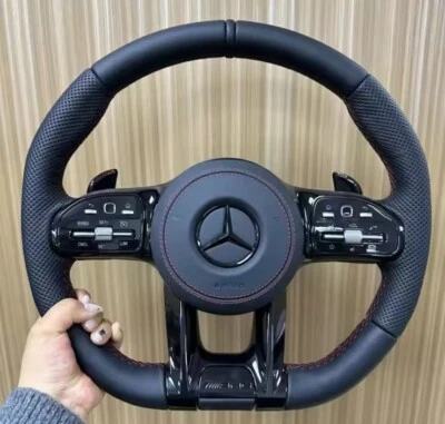 Cubierta de volante de cuero negro Mercedes Benz AMG costura automática con rosca roja - Imagen 1 de 2