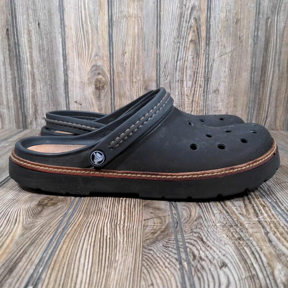 Crocs Cobbler Black Leather Trim Clogs Sandals Slip On Casual