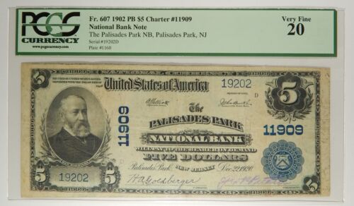 1902 Palisades Park NJ National Bank Note $5 PCGS VF 20