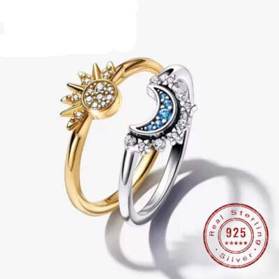 Silber Sonne und Mond Paar Ring Set Himmelblau Funkelnde Zirkonia Ringe Abschlussball