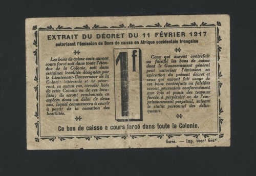 IVORY COAST 1 FRANC D. 1917 PICK 2b VF. - Picture 2 of 2