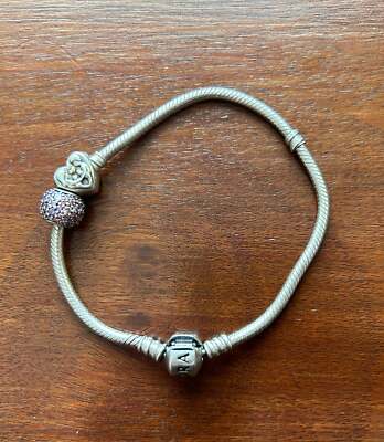 Sterling Silver 925 PANDORA Charm Bracelet Heart of the Family Pink Purple 