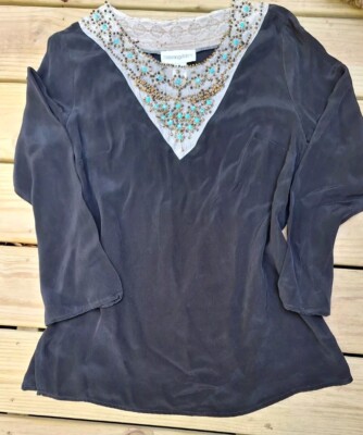 Vintage Bloomingdales Women's Black Silk Beaded Embellished Tunic Top Size L 