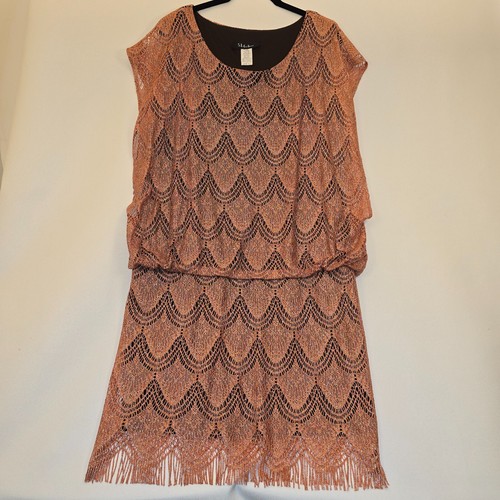 Vintage Kleid 12 Pfirsich Orange Häkelspitze Flapper Fransen Hochzeit Gast Kreuzfahrt