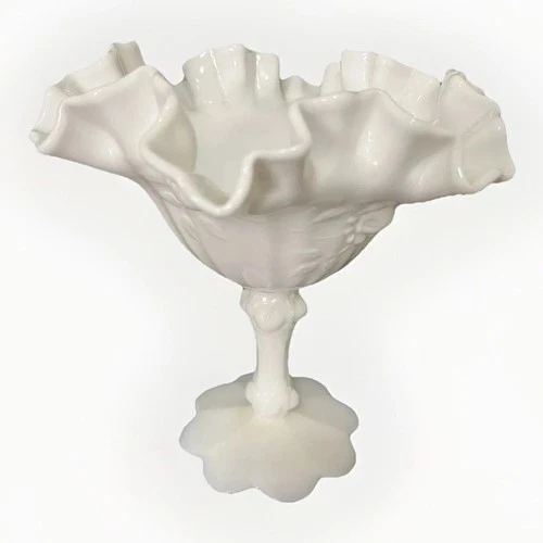 Vtg Fenton Cabbage Rose Milk Glass Ruffled Compote Candy Dish 6”